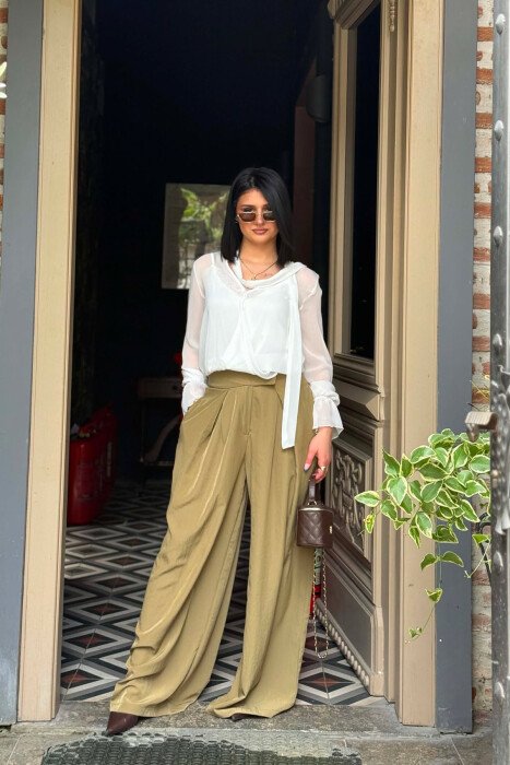 WIDE LEG ONE COLOR WOMAN TROUSERS KHAKI / KAKI 