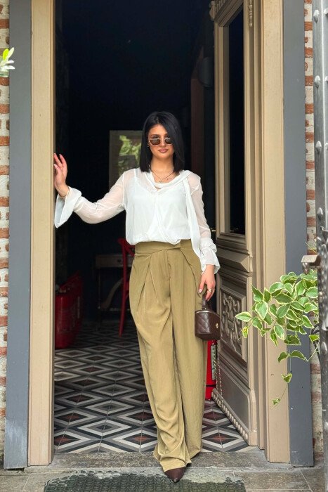 WIDE LEG ONE COLOR WOMAN TROUSERS KHAKI / KAKI - 3
