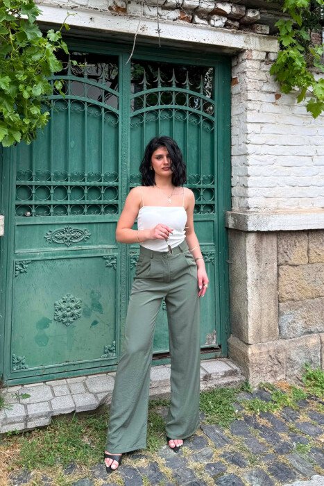 WIDE LEG ONE COLOR WOMAN TROUSERS LIGHT GREEN/JEZB - 1