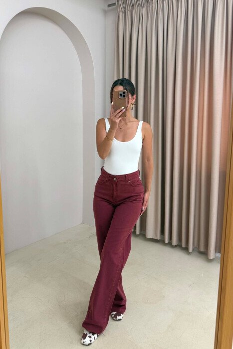 WIDE LEG ONE COLOR WOMEN JEANS BURGUNDY/VISHNJE - 3