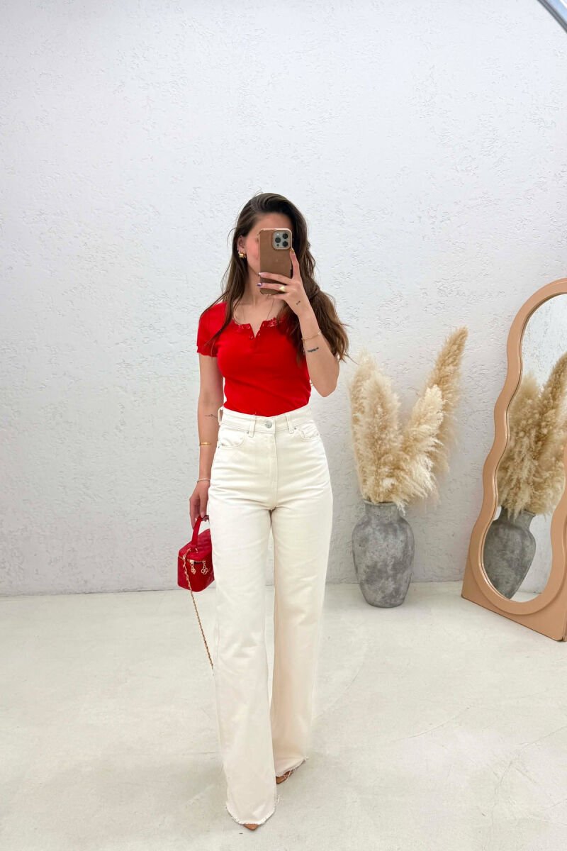 WIDE LEG ONE COLOR WOMEN JEANS CREAM/KREM - 1