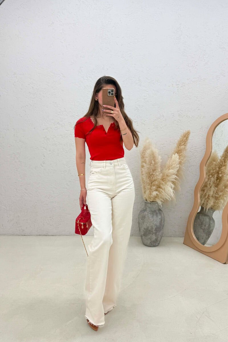WIDE LEG ONE COLOR WOMEN JEANS CREAM/KREM - 2