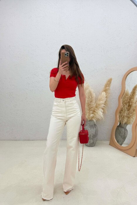 WIDE LEG ONE COLOR WOMEN JEANS CREAM/KREM - 6