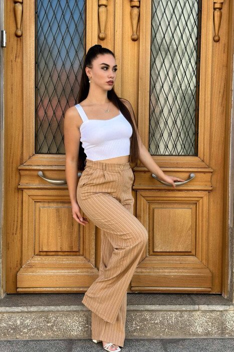 WIDE LEG ONE COLOR WOMEN TROUSER BEIGE/BEZHE - KLAUDIO FASHION