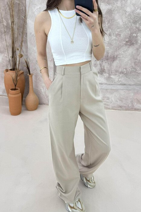 WIDE LEG ONE COLOR WOMEN TROUSERS BEIGE/BEZHE - 4