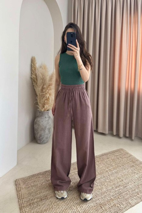 WIDE LEG ONE COLOR WOMEN TROUSERS BROWN/KAFE 