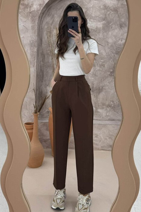 WIDE LEG ONE COLOR WOMEN TROUSERS BROWN/KAFE - 1