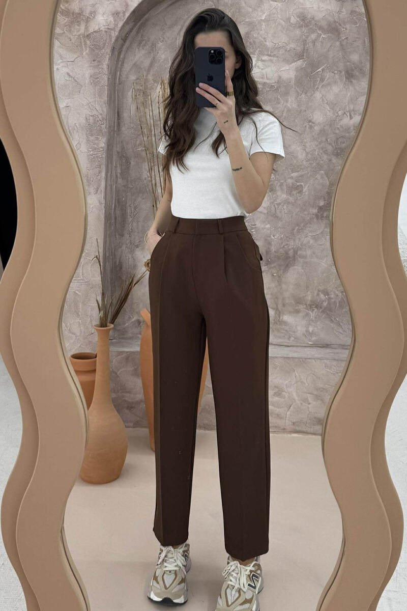 WIDE LEG ONE COLOR WOMEN TROUSERS BROWN/KAFE - 1