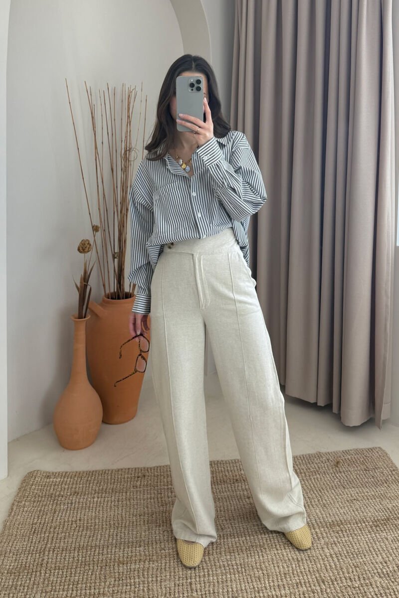 WIDE LEG ONE COLOR WOMEN TROUSERS CREAM/KREM - 1