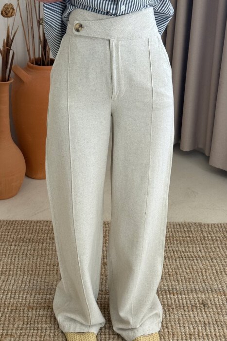 WIDE LEG ONE COLOR WOMEN TROUSERS CREAM/KREM - 3