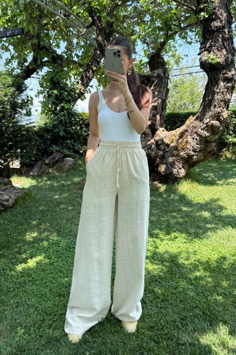 WIDE LEG ONE COLOR WOMEN TROUSERS CREAM/KREM - KLAUDIO FASHION