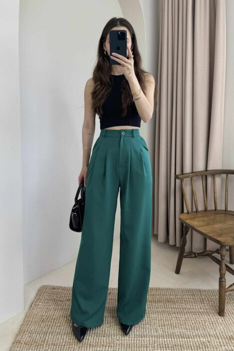 WIDE LEG ONE COLOR WOMEN TROUSERS GREEN/JESHILE - 2