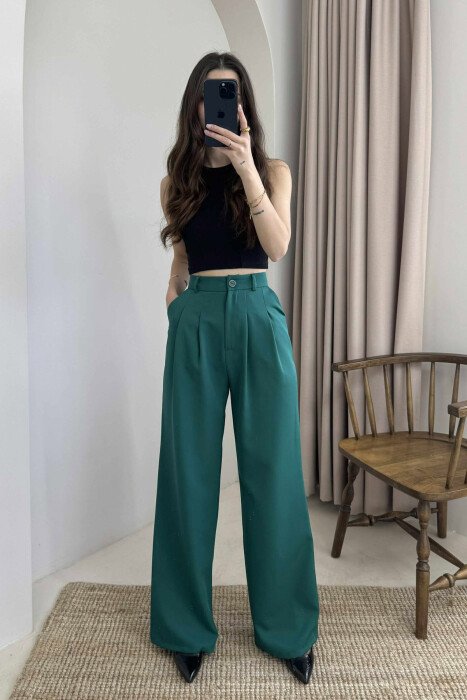 WIDE LEG ONE COLOR WOMEN TROUSERS GREEN/JESHILE - 3