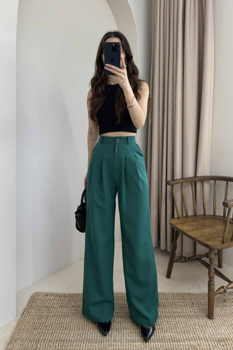 WIDE LEG ONE COLOR WOMEN TROUSERS GREEN/JESHILE - 1