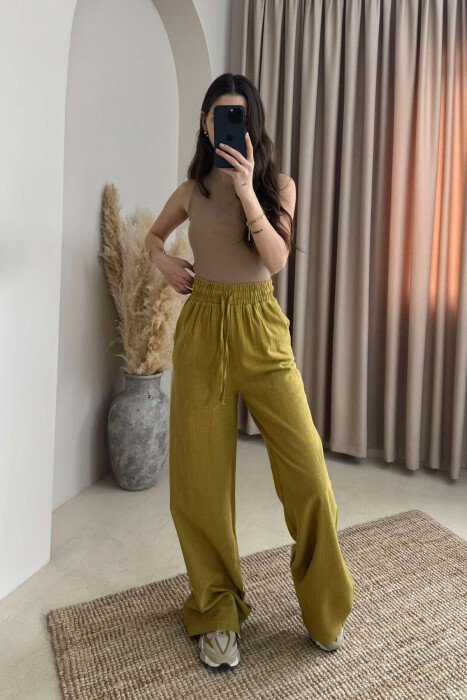 WIDE LEG ONE COLOR WOMEN TROUSERS OLIVE/ULLI - KLAUDIO FASHION