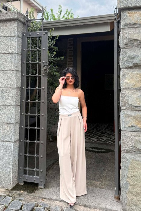 WIDE LEG SEMI ELASTIC WAIST WOMAN TROUSERS BEIGE/BEZHE 