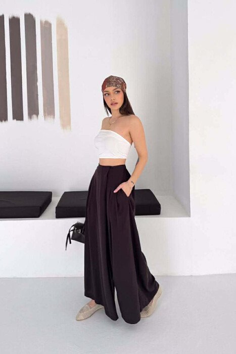 PANTALLONA TE GJERA ME BEL GJYSEM ELASTIK PER FEMRA NE NGJYRE KAFE - KLAUDIO FASHION