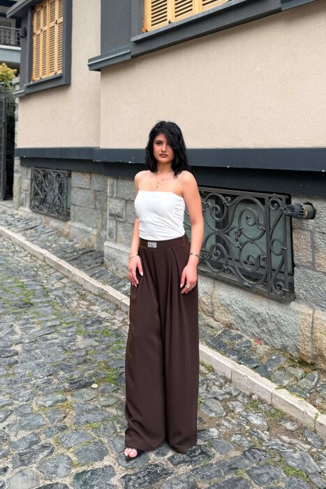 WIDE LEG SEMI ELASTIC WAIST WOMAN TROUSERS BROWN/KAFE 