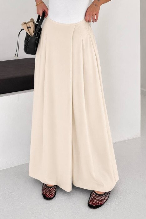 WIDE LEG SEMI ELASTIC WAIST WOMAN TROUSERS CREAM/KREM - 