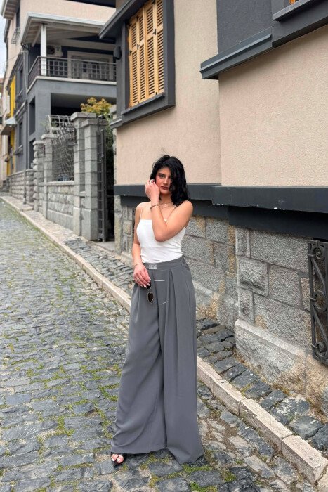 WIDE LEG SEMI ELASTIC WAIST WOMAN TROUSERS GREY/GRI 