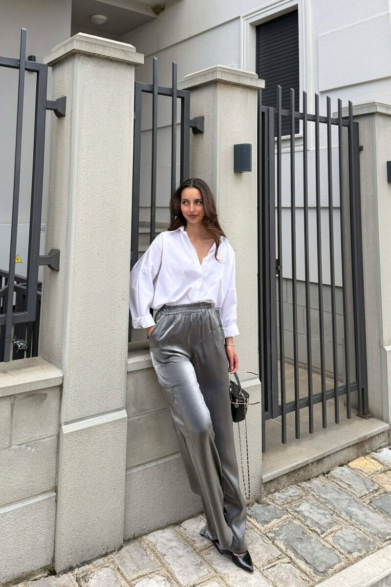 WIDE LEG SIDE POCKETS SHINY WOMEN TROUSERS DARK GREY/GEE - 1