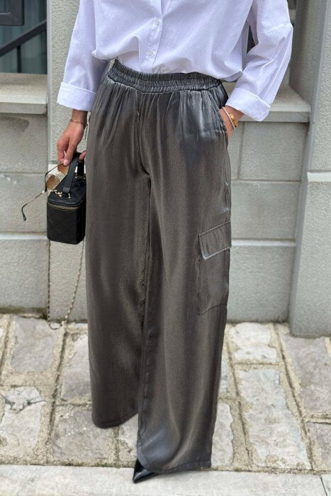 WIDE LEG SIDE POCKETS SHINY WOMEN TROUSERS DARK GREY/GEE - 3
