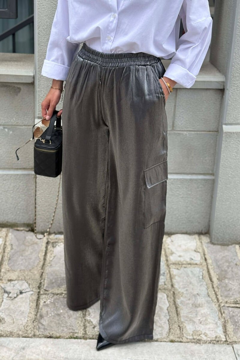 WIDE LEG SIDE POCKETS SHINY WOMEN TROUSERS DARK GREY/GEE - 3