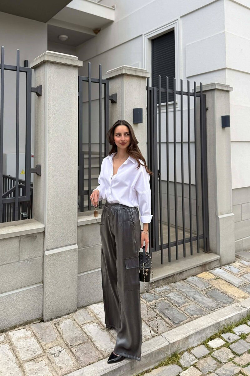 WIDE LEG SIDE POCKETS SHINY WOMEN TROUSERS DARK GREY/GEE - 4