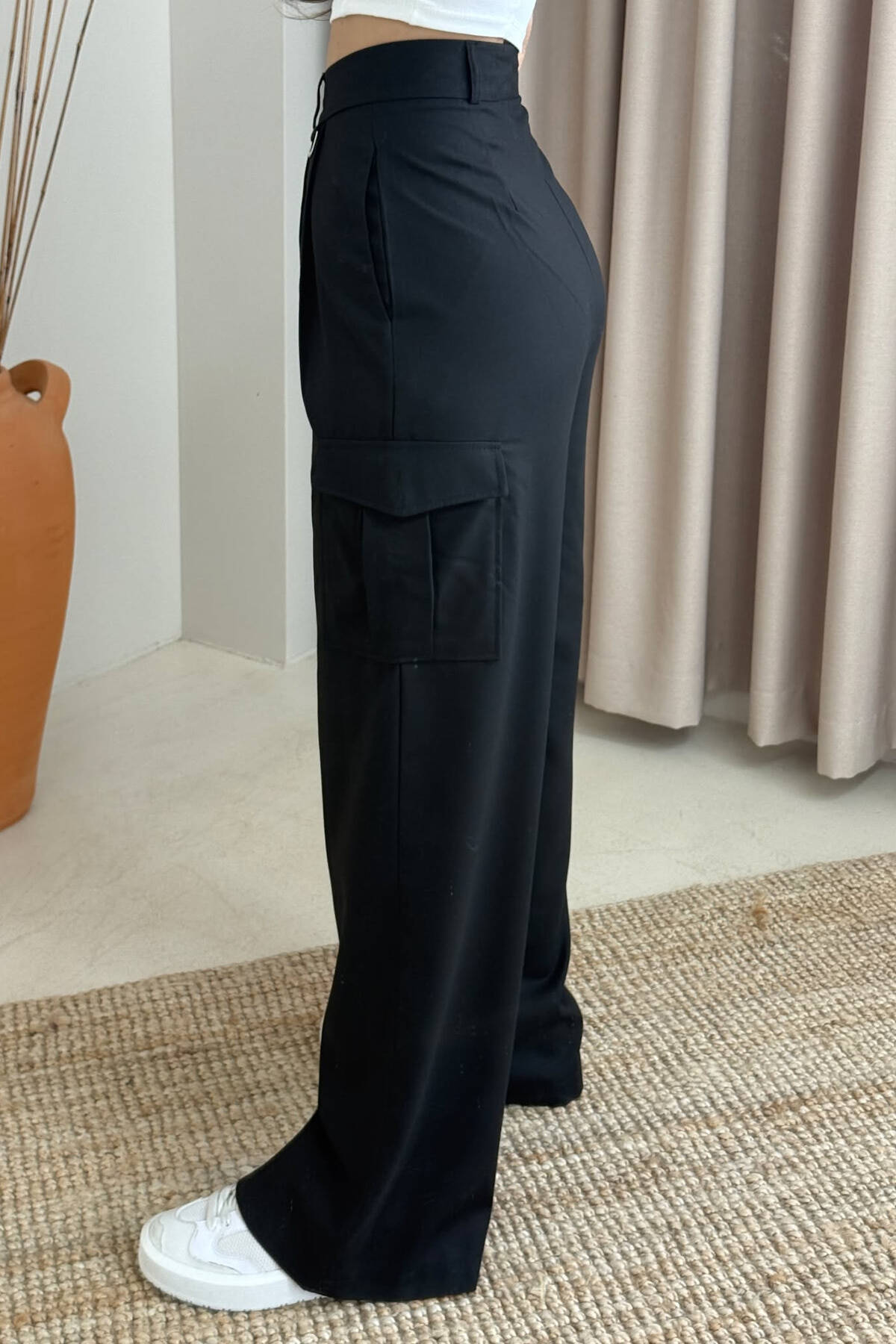 WIDE LEG SIDE POCKETS WOMEN TROUSERS BLACK/ E ZEZE TROUSERS