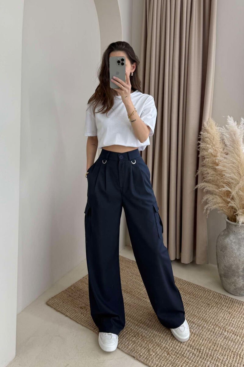 WIDE LEG SIDE POCKETS WOMEN TROUSERS DARK BLUE/BEE - 1