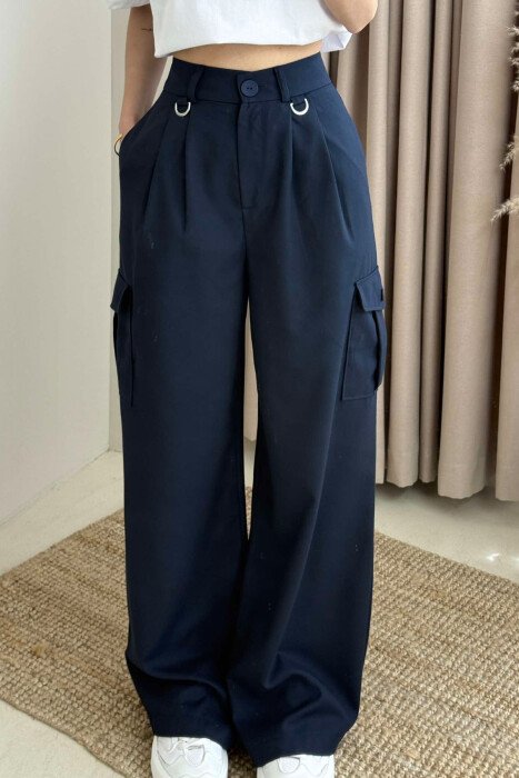 WIDE LEG SIDE POCKETS WOMEN TROUSERS DARK BLUE/BEE - 3