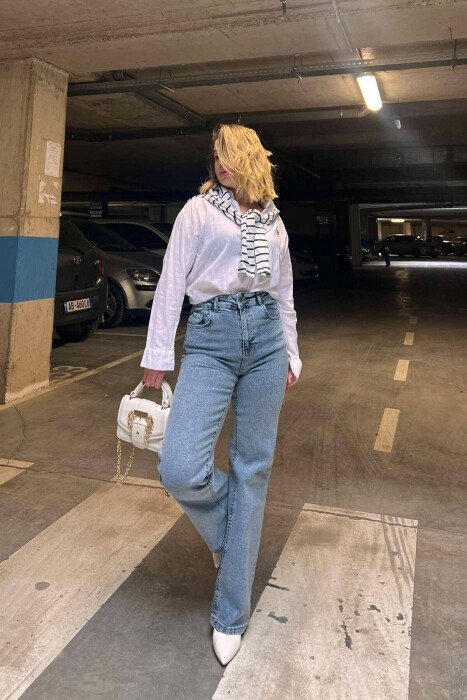 WIDE LEG SIMPLE ONE COLOR WOMAN JEANS LIGHTBLUE/BZ - 7
