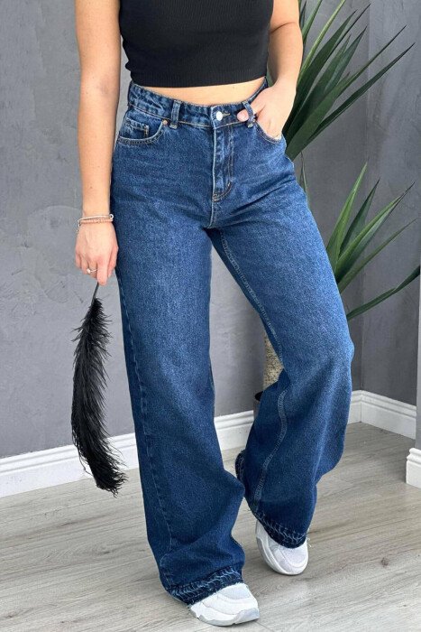 WIDE LEG SIMPLE WOMAN JEANS DARK BLUE/BEE - KLAUDIO FASHION