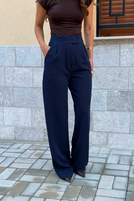 WIDE LEG SIMPLE WOMEN TROUSERS DARK BLUE/BEE - 2