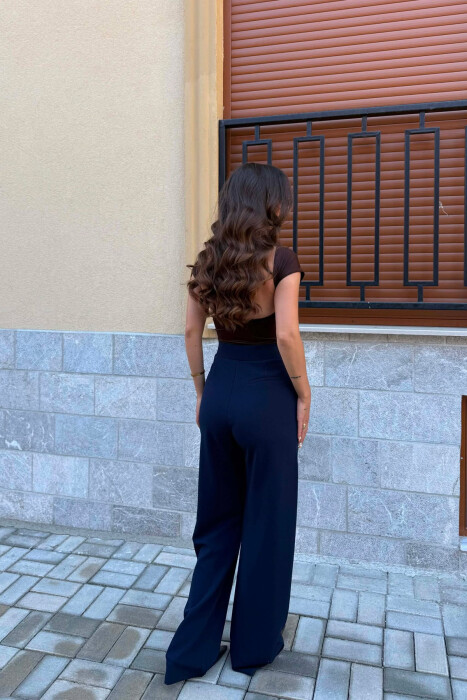 WIDE LEG SIMPLE WOMEN TROUSERS DARK BLUE/BEE - 4