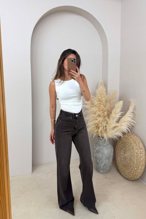 WIDE LEG SIMPLE WOMEN JEANS BROWN/KAFE - 1