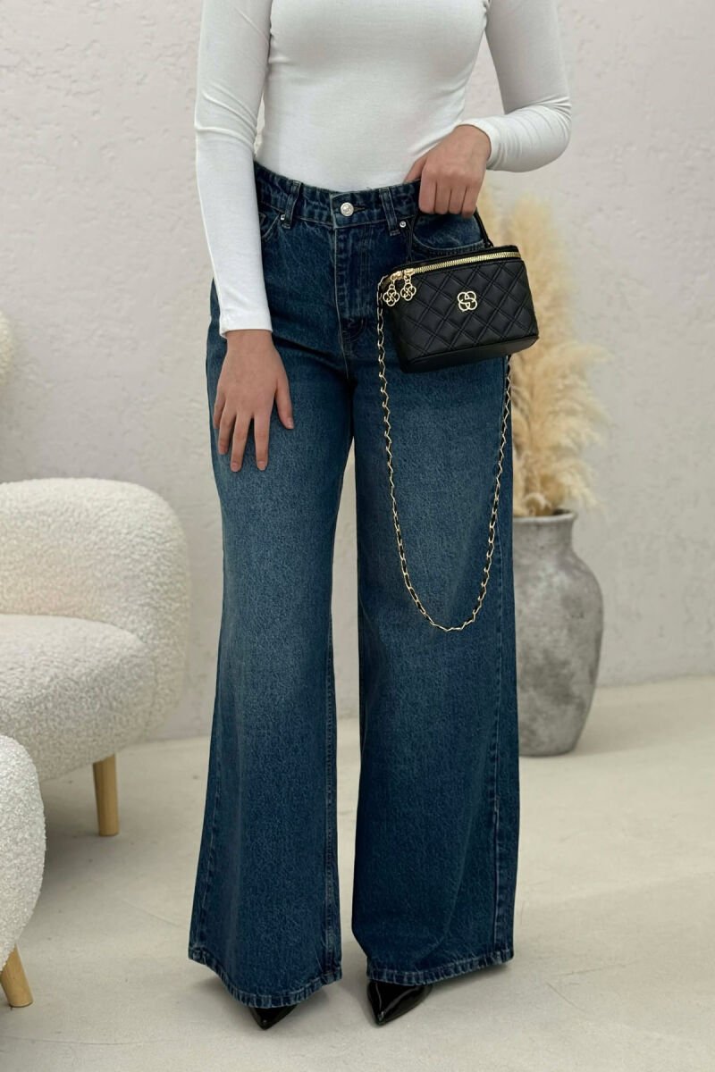 WIDE LEG SIMPLE WOMEN JEANS DARK BLUE/BEE - 4