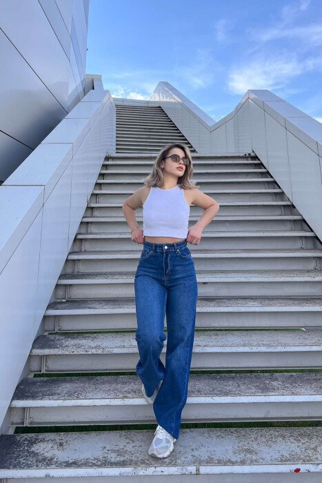 WIDE LEG SIMPLE WOMEN JEANS DARK BLUE/BEE - 7
