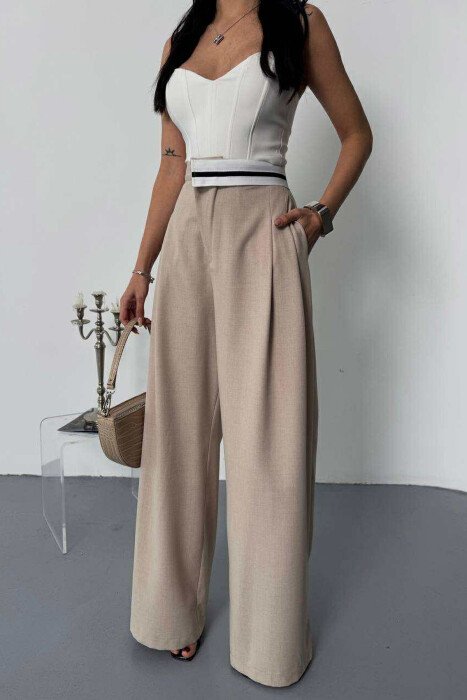 WIDE LEG SIMPLE WOMEN TROUSERS BEIGE/BEZHE - 1