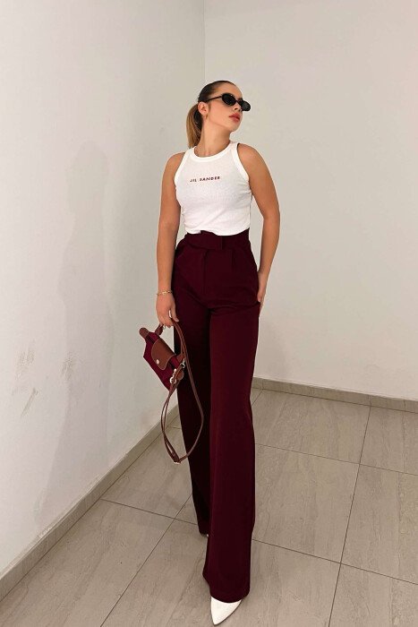 WIDE LEG SIMPLE WOMEN TROUSERS BURGUNDY/VISHNJE - KLAUDIO FASHION