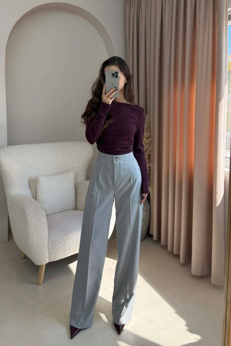 WIDE LEG SIMPLE WOMEN TROUSERS LIGHT GREY/GZ - KLAUDIO FASHION