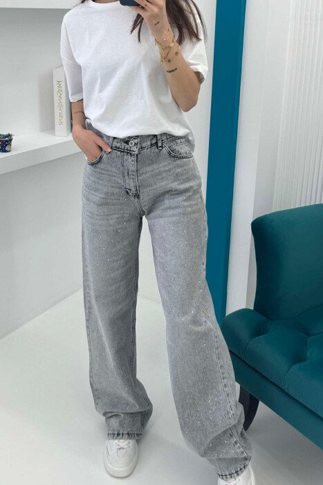 WIDE LEG SMALL DIAMOND DETAILS WOMEN JEANS LIGHT GREY/GZ 