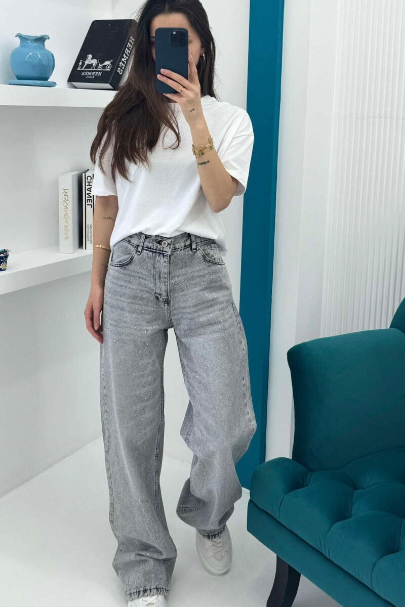 WIDE LEG SMALL DIAMOND DETAILS WOMEN JEANS LIGHT GREY/GZ - 2