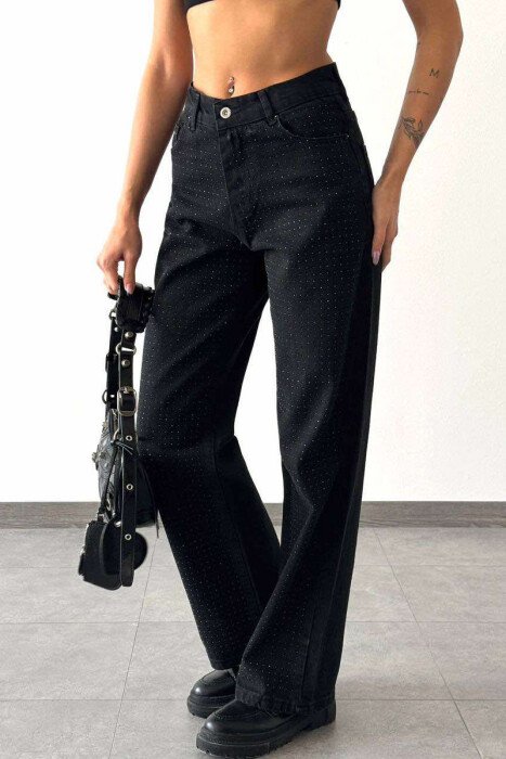 WIDE LEG ONE COLOR SMALL DIAMONDS DETAILS WOMEN JEANS BLACK/ E ZEZE - 1