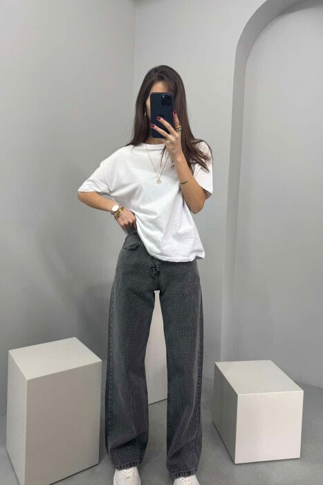 WIDE LEG ONE COLOR SMALL DIAMONDS DETAILS WOMEN JEANS GREY/GRI - 1