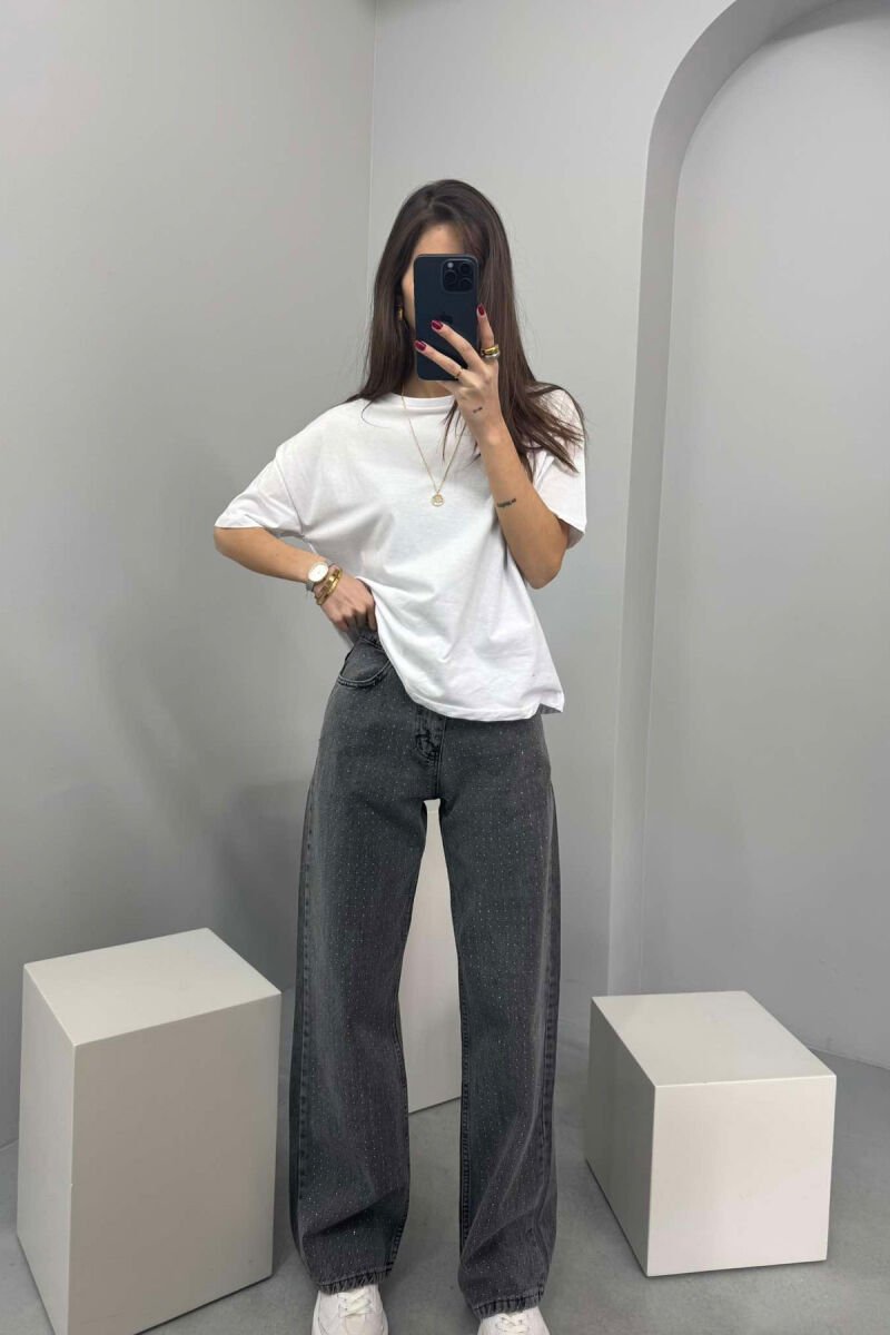 WIDE LEG ONE COLOR SMALL DIAMONDS DETAILS WOMEN JEANS GREY/GRI - 1