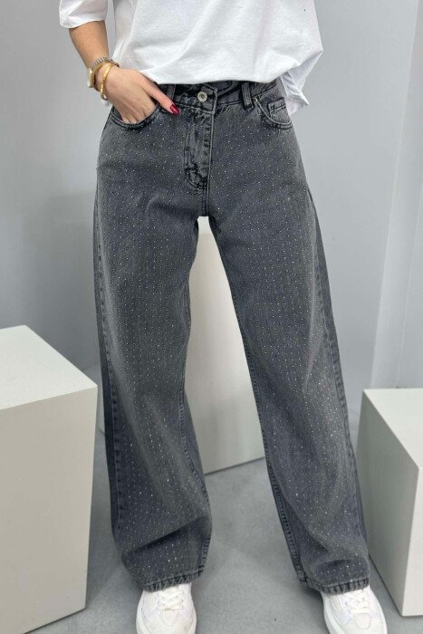 WIDE LEG ONE COLOR SMALL DIAMONDS DETAILS WOMEN JEANS GREY/GRI - 3