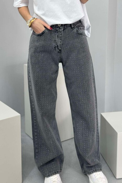 WIDE LEG ONE COLOR SMALL DIAMONDS DETAILS WOMEN JEANS GREY/GRI - 4