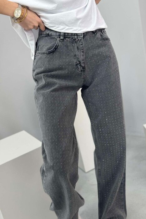 WIDE LEG ONE COLOR SMALL DIAMONDS DETAILS WOMEN JEANS GREY/GRI - 5
