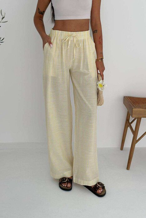 WIDE LEG STRIPE DESIGN WOMEN TROUSERS YELLOW/E VERDHE - KLAUDIO FASHION